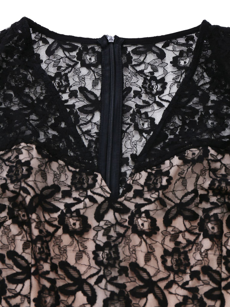 [Pre-Sale] Black 1950s Lace Bodice Pearl Belt Sheer Sleeve Jumpsuit