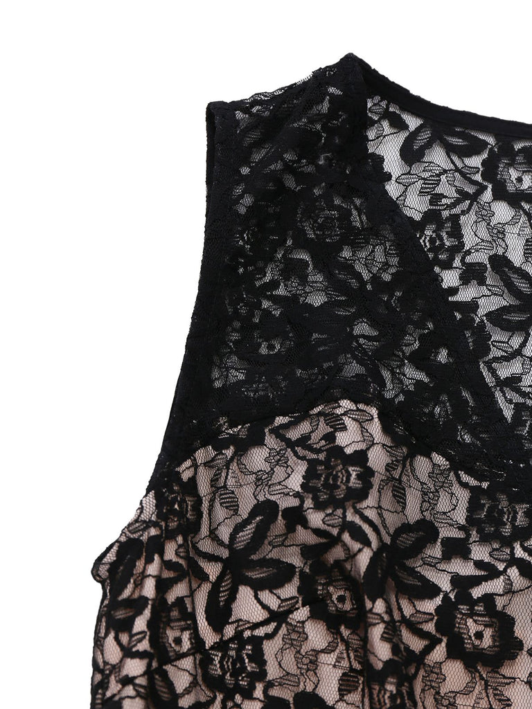 [Pre-Sale] Black 1950s Lace Bodice Pearl Belt Sheer Sleeve Jumpsuit