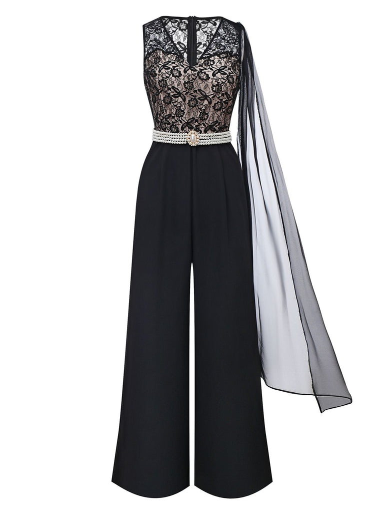 [Pre-Sale] Black 1950s Lace Bodice Pearl Belt Sheer Sleeve Jumpsuit