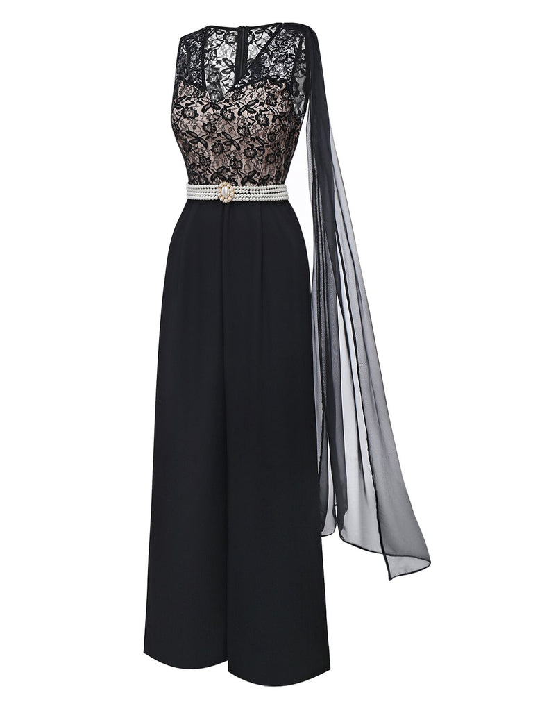 [Pre-Sale] Black 1950s Lace Bodice Pearl Belt Sheer Sleeve Jumpsuit