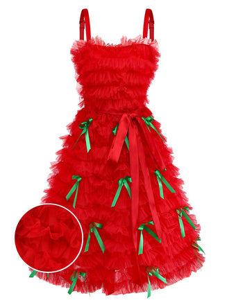 [Pre-Sale] 1980s Slip Christmas Tulle Ribbon Bow Ruffle Dress