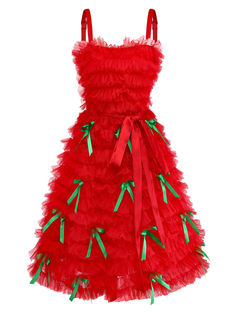 [Pre-Sale] 1980s Slip Christmas Tulle Ribbon Bow Ruffle Dress