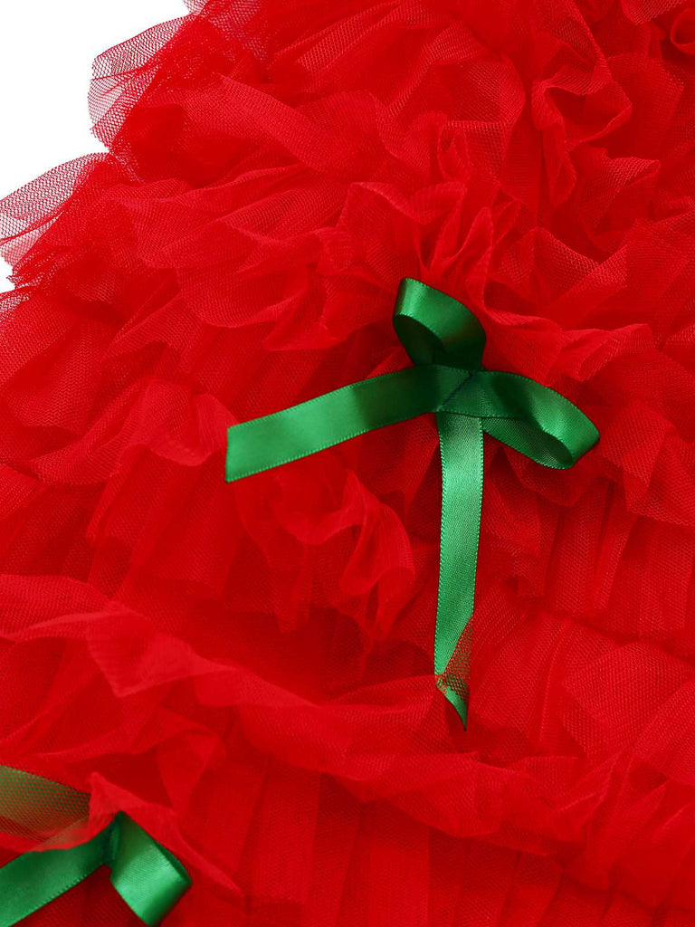 [Pre-Sale] 1980s Slip Christmas Tulle Ribbon Bow Ruffle Dress