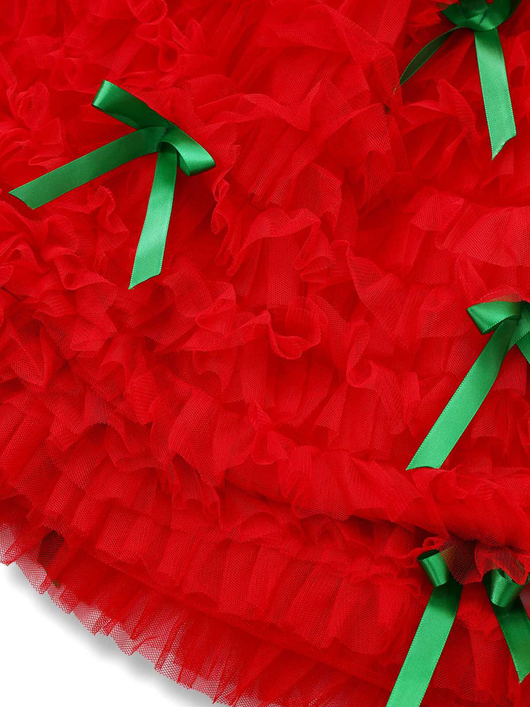 [Pre-Sale] 1980s Slip Christmas Tulle Ribbon Bow Ruffle Dress