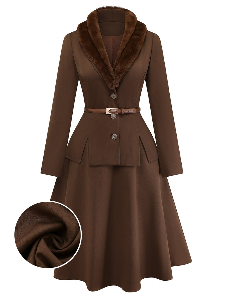 [Pre-Sale] 2PCS Brown 1940s Double Faux Fur Collar Jacket & A-Line Skirt