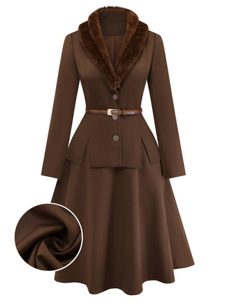 [Pre-Sale] 2PCS Brown 1940s Double Faux Fur Collar Jacket & A-Line Skirt