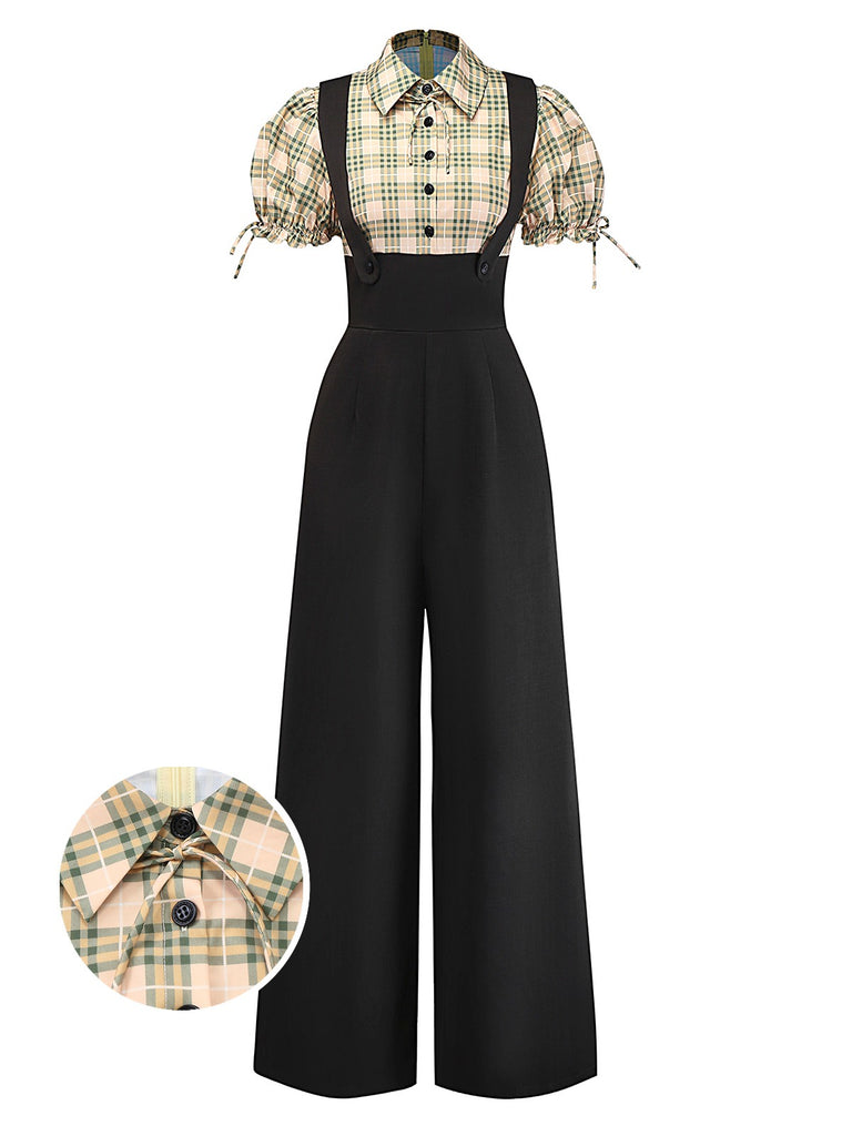 [Pre-Sale] Yellow 1940s Plaid Bow Faux Two-Piece Suspender Jumpsuit