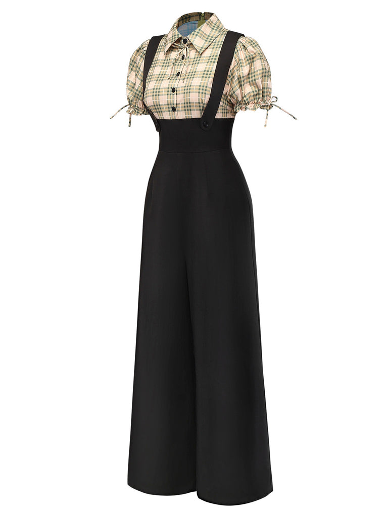 [Pre-Sale] Yellow 1940s Plaid Bow Faux Two-Piece Suspender Jumpsuit