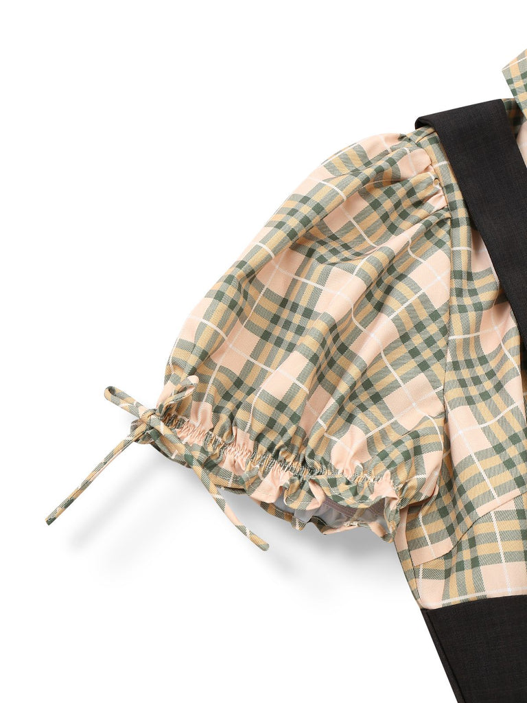 [Pre-Sale] Yellow 1940s Plaid Bow Faux Two-Piece Suspender Jumpsuit