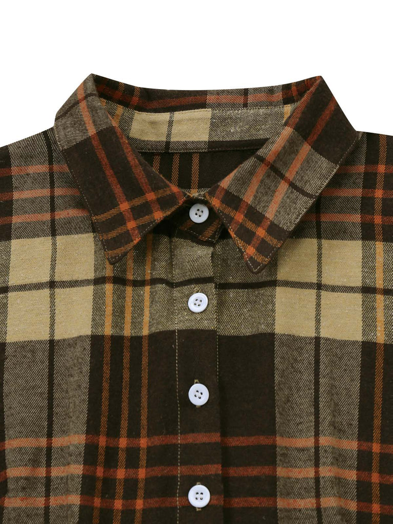 [Pre-Sale] Khaki 1940s Shirt Collar Plaid Belted Dress