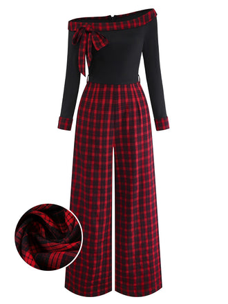 [Pre-Sale] Red 1940s Off-Shoulder Bow Plaid Patchwork Jumpsuit