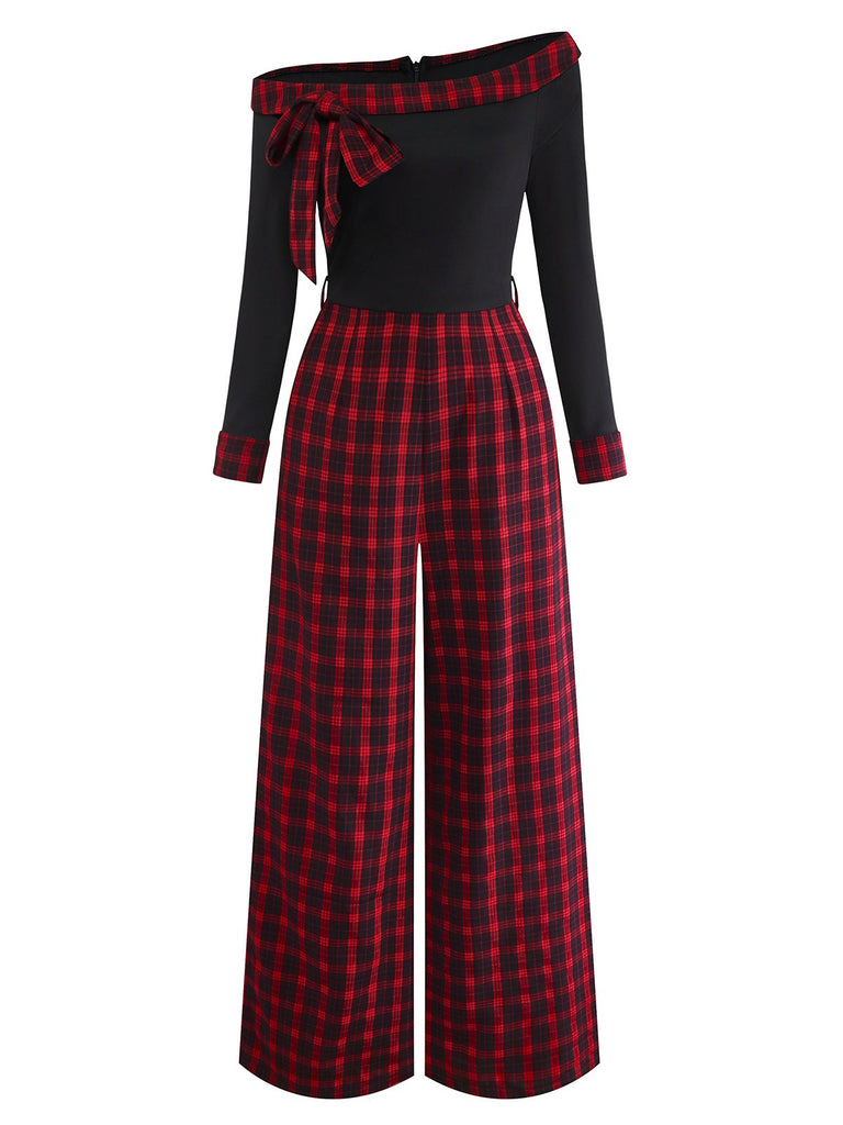 [Pre-Sale] Red 1940s Off-Shoulder Bow Plaid Patchwork Jumpsuit