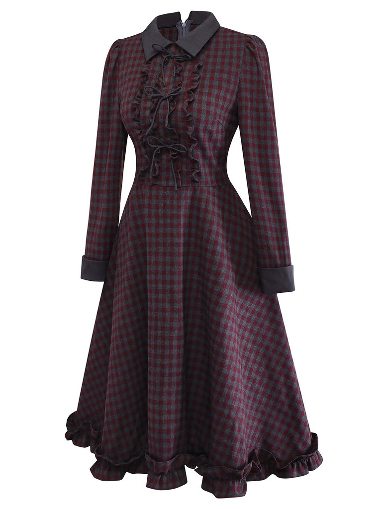 [Pre-Sale] Gray 1940s Cotton Plaid Bow Ruffled Lapel Dress