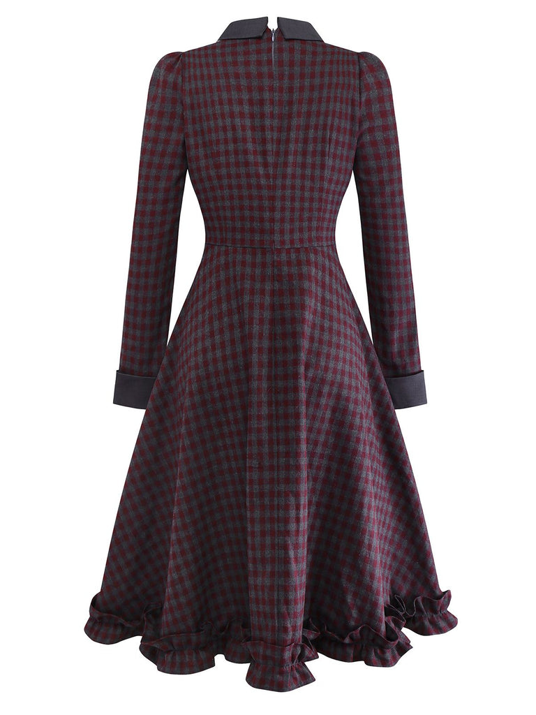 [Pre-Sale] Gray 1940s Cotton Plaid Bow Ruffled Lapel Dress