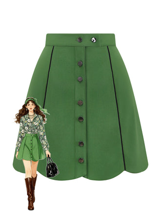 [Pre-Sale] Green 1960s Scalloped Hem Solid Skirt