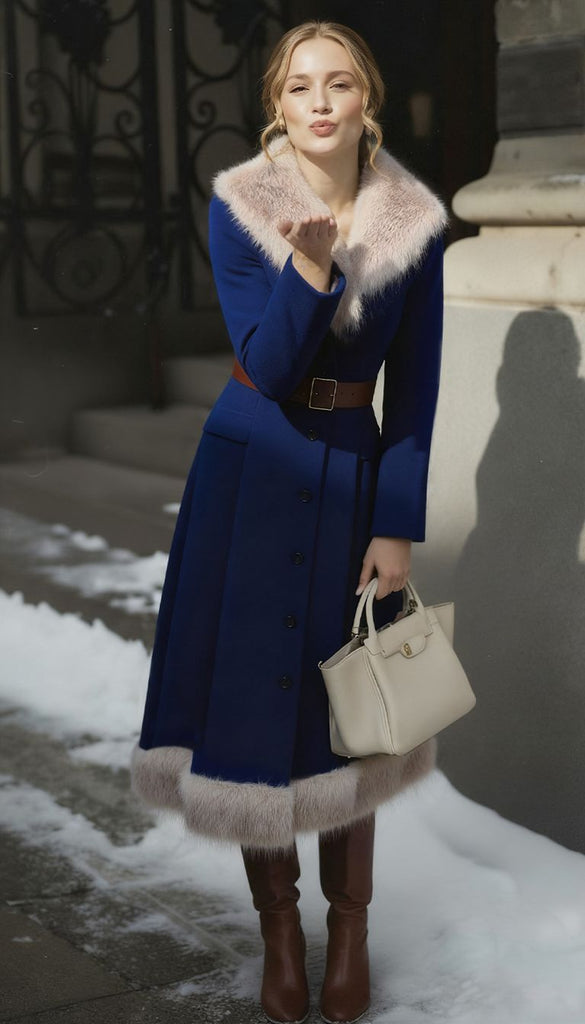 [Pre-Sale] Blue 1960s Faux Fur-Lined Belted Coat