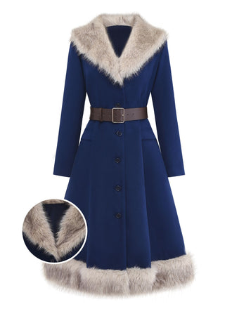 [Pre-Sale] Blue 1960s Faux Fur-Lined Belted Coat