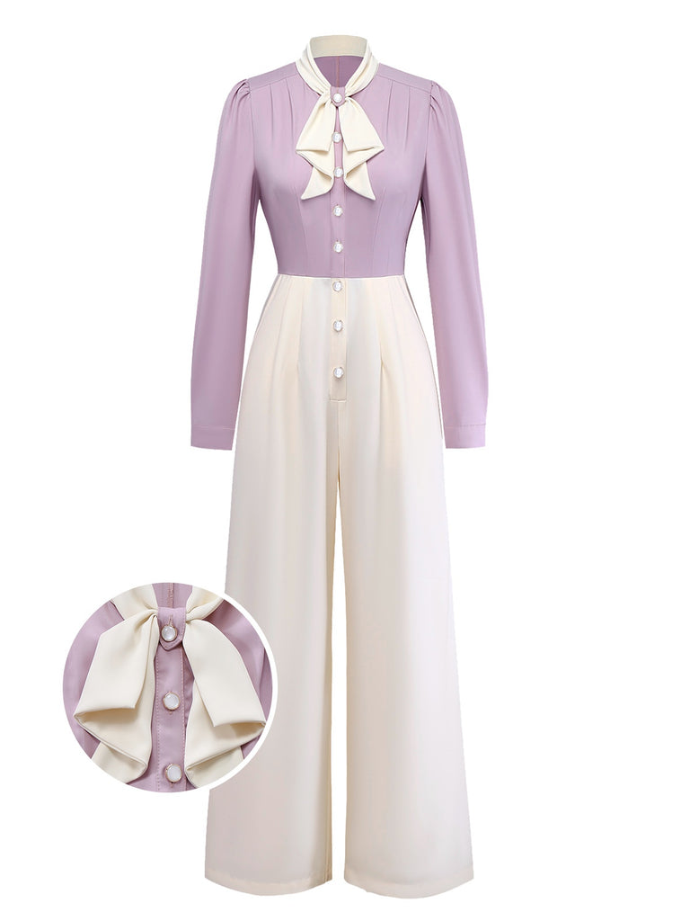 [Pre-Sale] Lavender 1930s Puff Sleeve Bow Tie Neck Jumpsuit