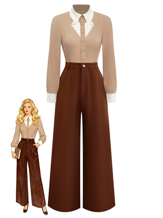 [Pre-Sale] Khaki 1940s Colorblock Ruffled Lapel Jumpsuit