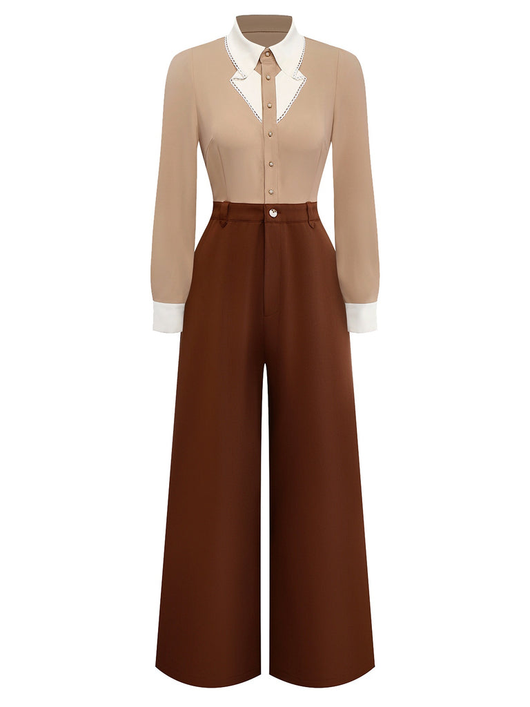 [Pre-Sale] Khaki 1940s Colorblock Ruffled Lapel Jumpsuit