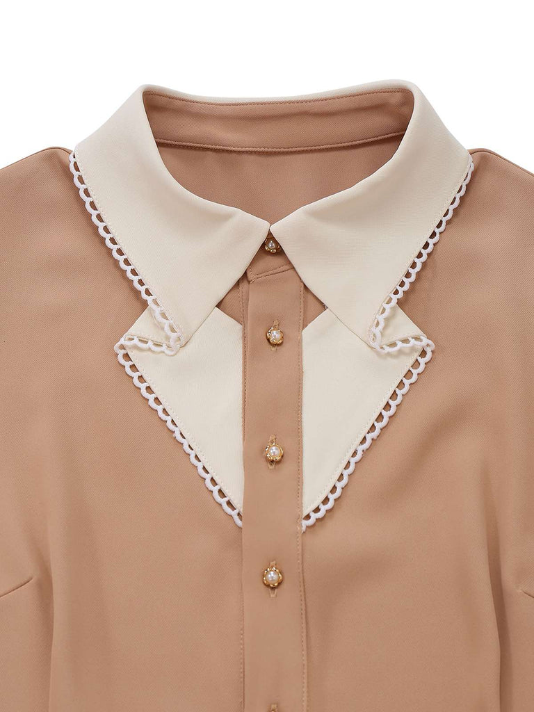 [Pre-Sale] Khaki 1940s Colorblock Ruffled Lapel Jumpsuit