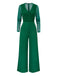 1950s Solid Deep V-Neck Ruffled Sheer Sleeve Jumpsuit