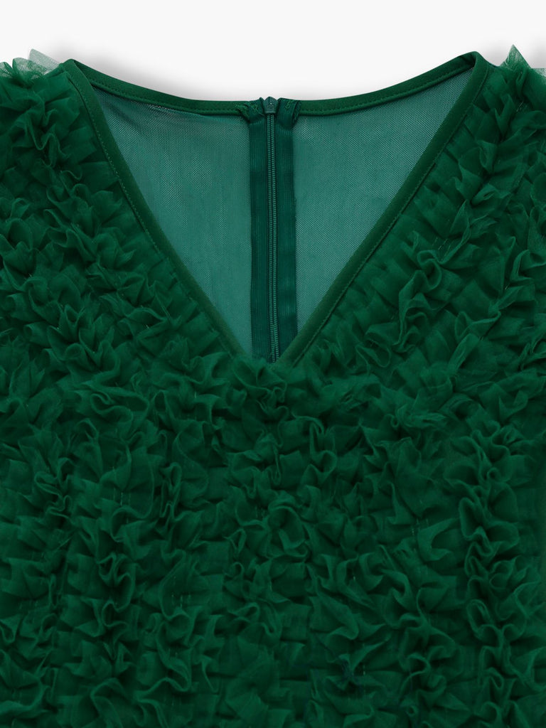 1950s Solid Deep V-Neck Ruffled Sheer Sleeve Jumpsuit