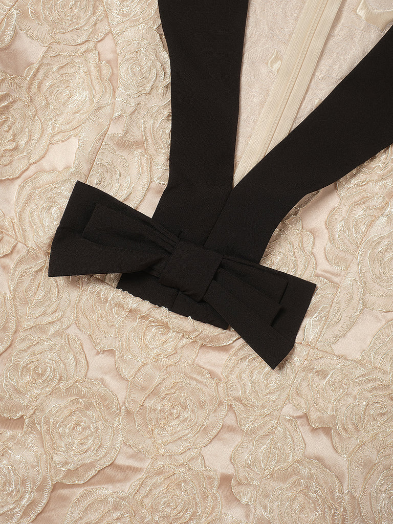 Champagne 1930s Rose Jacquard V-Neck Bow Dress