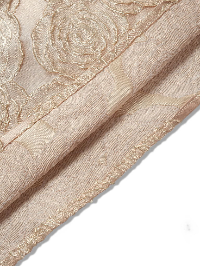 Champagne 1930s Rose Jacquard V-Neck Bow Dress