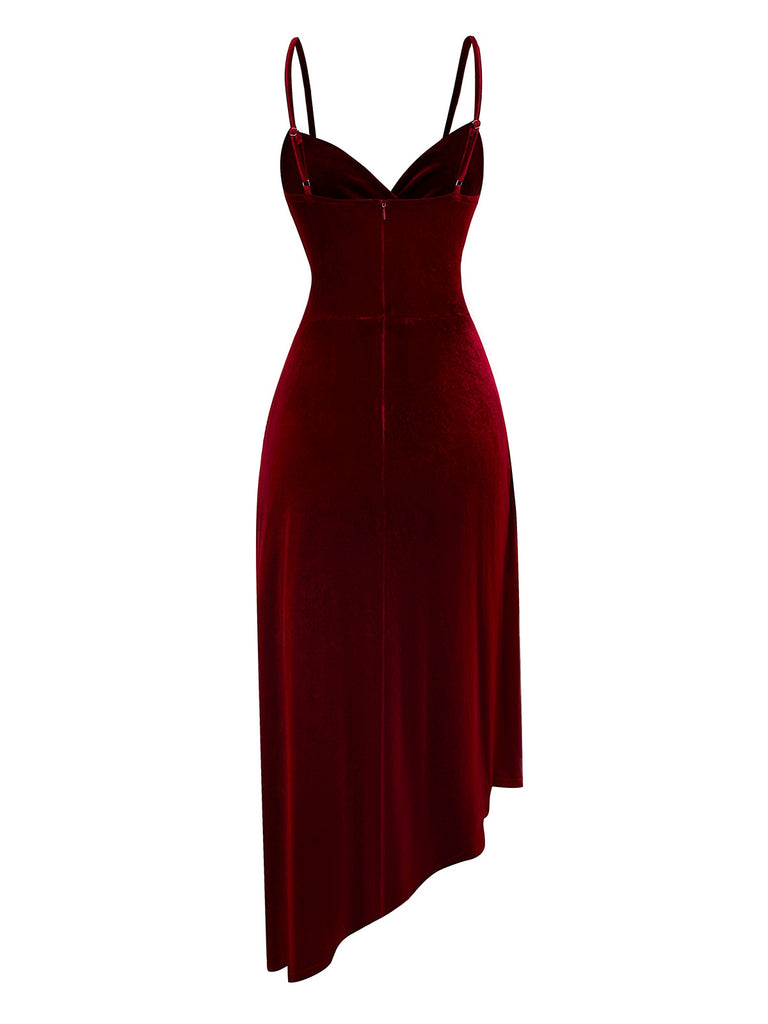 Wine Red 1930s Velvet Ruffled Hem Dress