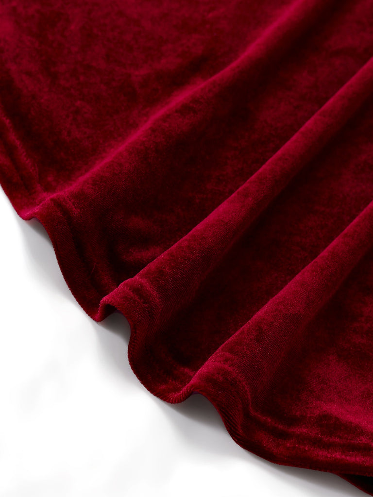 Wine Red 1930s Velvet Ruffled Hem Dress
