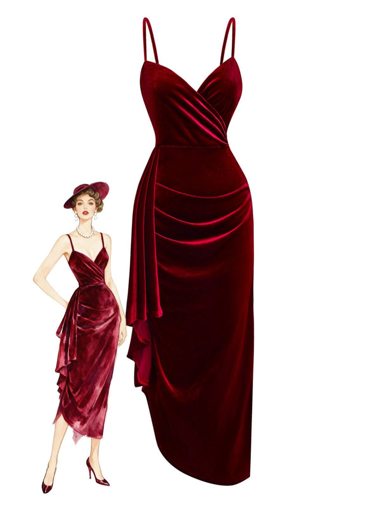 Wine Red 1930s Velvet Ruffled Hem Dress