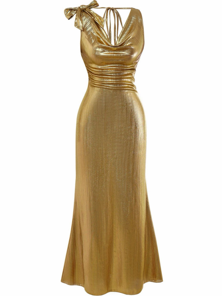 Gold 1930s Metallic Textured Bow Cowl Neck Dress