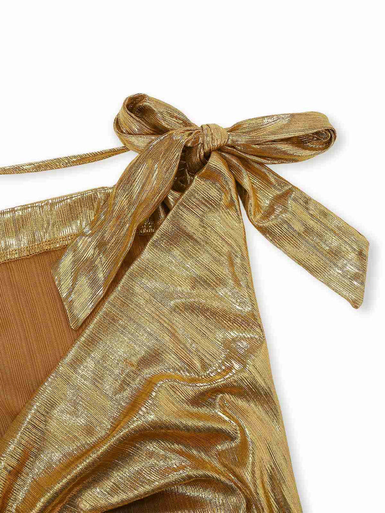 Gold 1930s Metallic Textured Bow Cowl Neck Dress