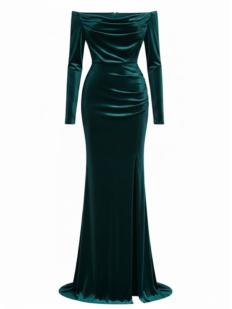 1930s Velvet Off-Shoulder Ruched Side-Slit Dress