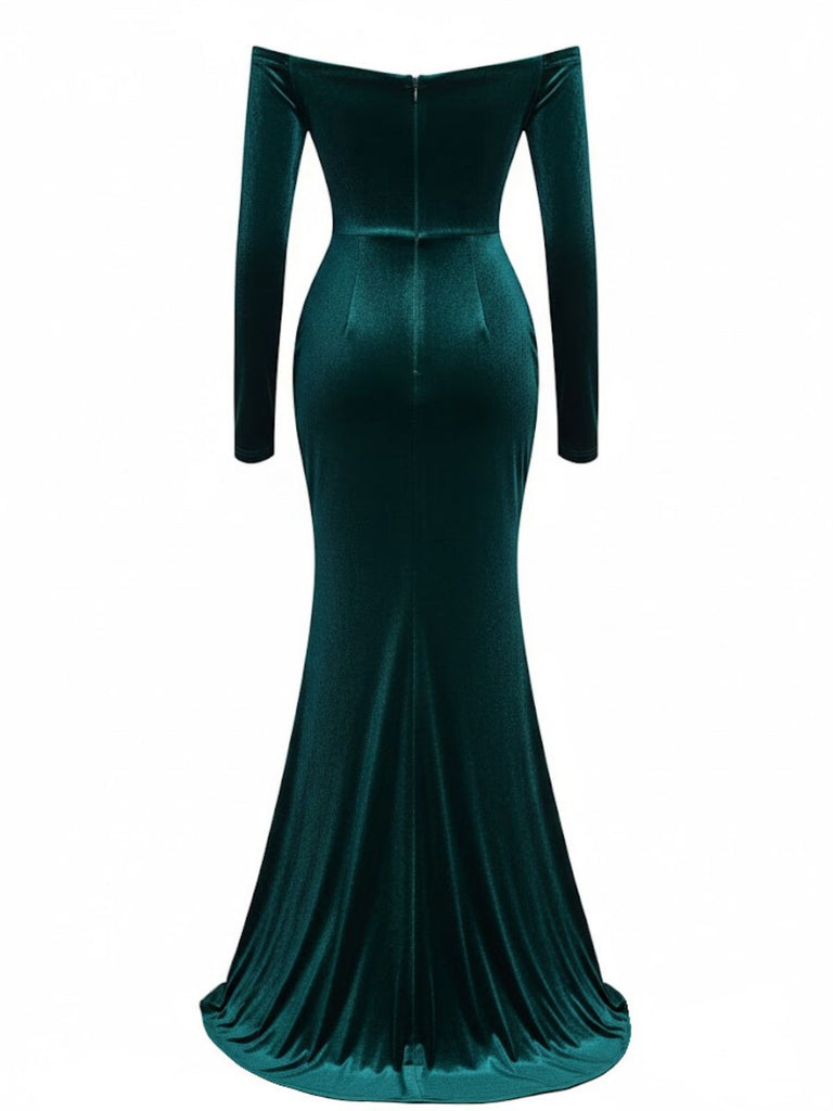 1930s Velvet Off-Shoulder Ruched Side-Slit Dress