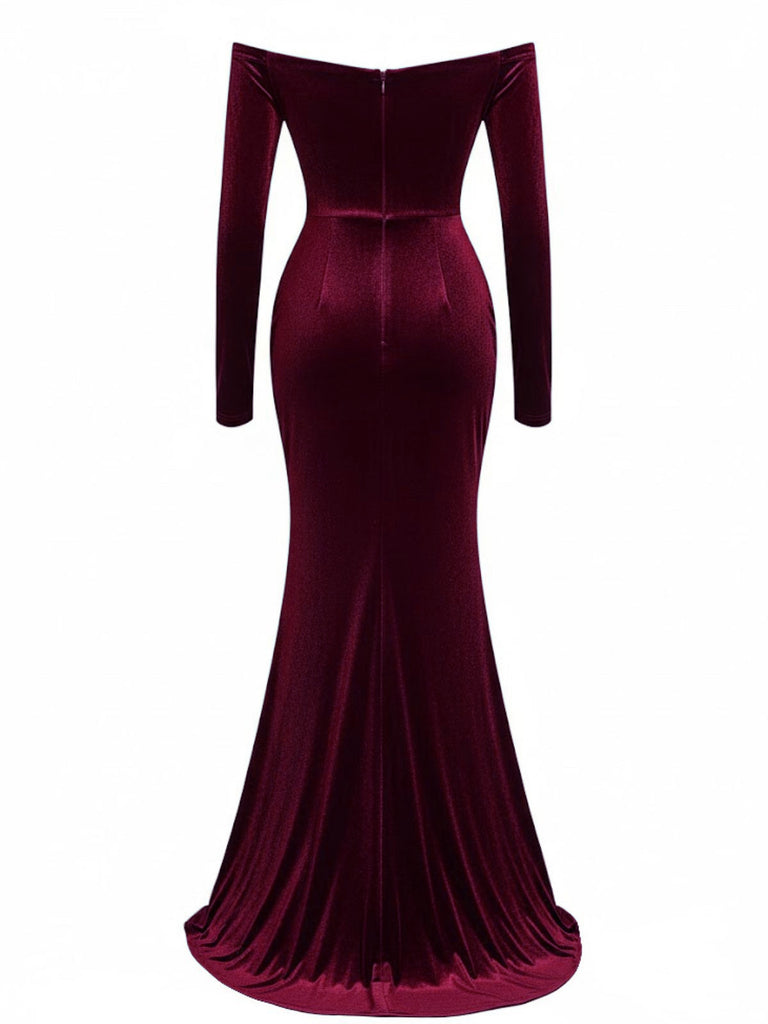 1930s Velvet Off-Shoulder Ruched Side-Slit Dress