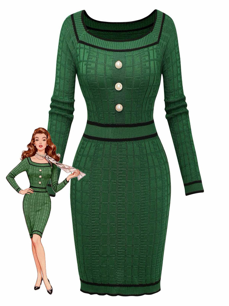 1960s Square Neck Pearl Button Knitted Dress