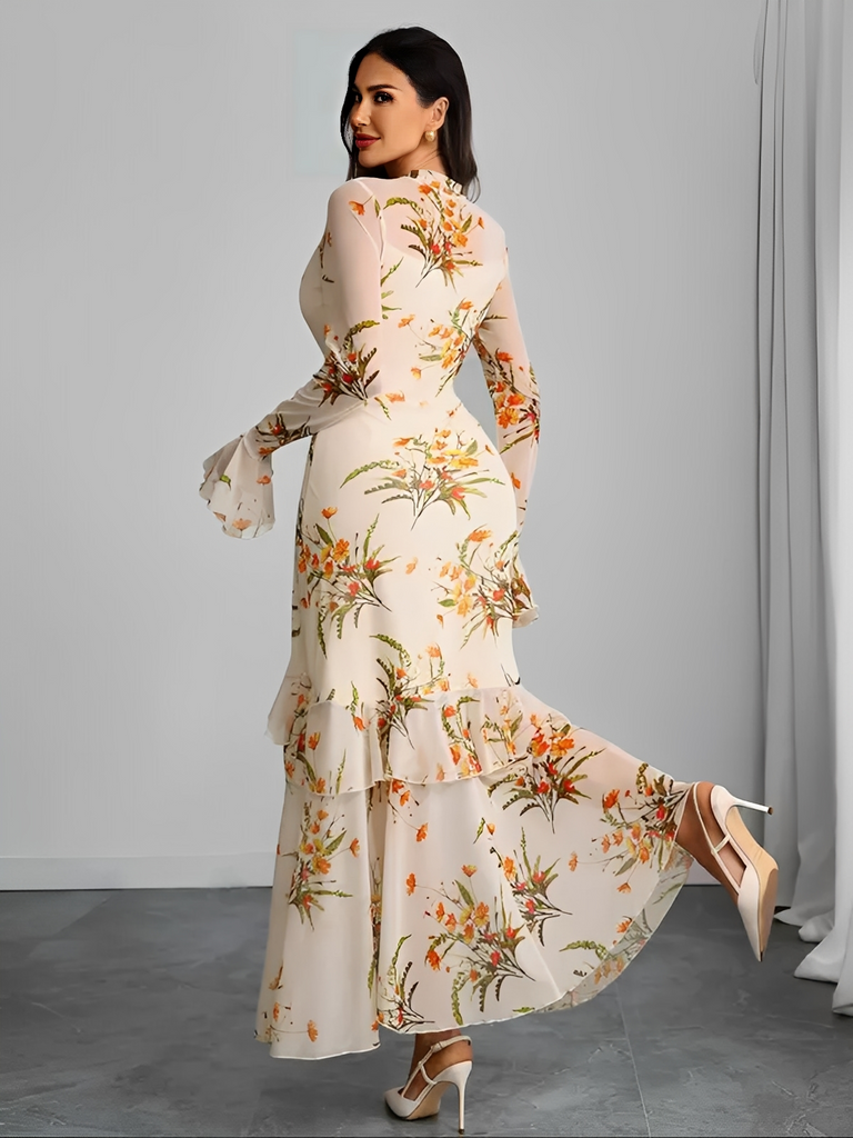 1930s Floral Mesh Ruffle Maxi Dress