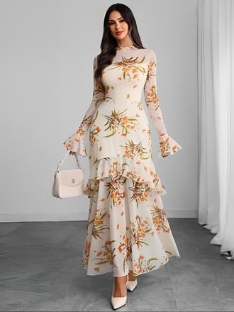 1930s Floral Mesh Ruffle Maxi Dress