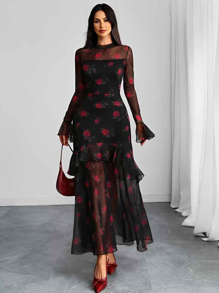 1930s Floral Mesh Ruffle Maxi Dress