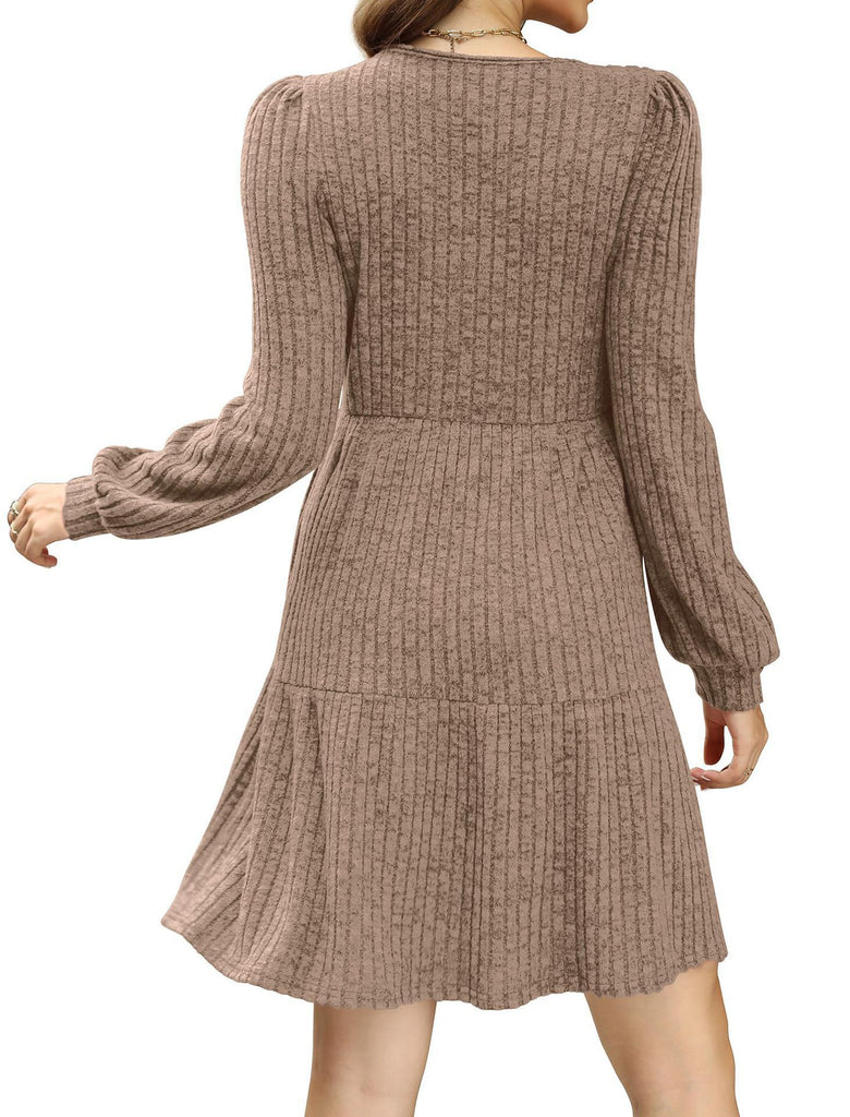 1950s Solid Ribbed Square Neck Long-Sleeve Dress