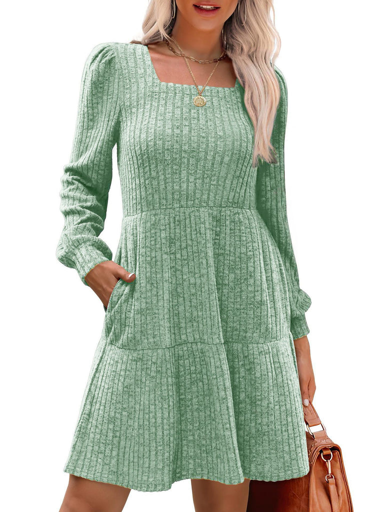 1950s Solid Ribbed Square Neck Long-Sleeve Dress