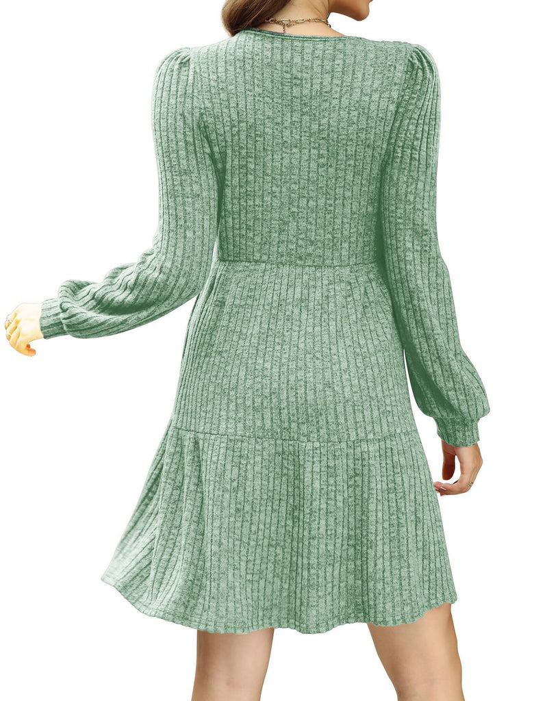 1950s Solid Ribbed Square Neck Long-Sleeve Dress