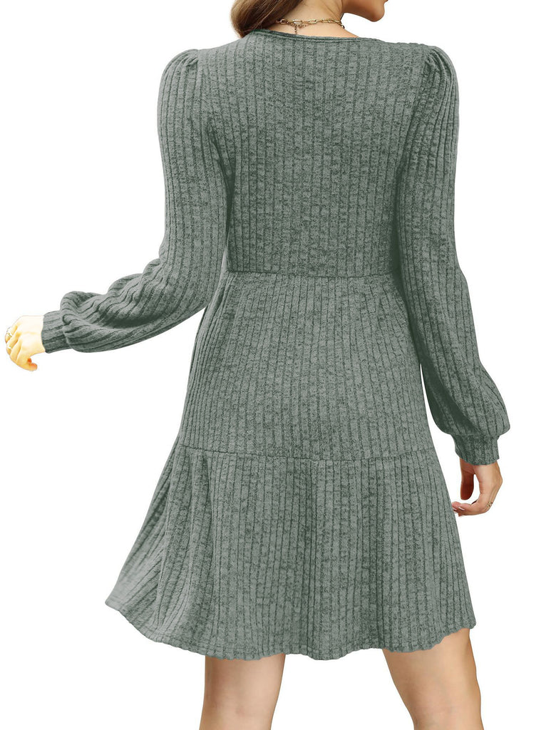1950s Solid Ribbed Square Neck Long-Sleeve Dress