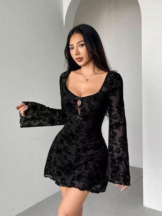 1980s Flocked Floral Cutout Bow Flare Dress