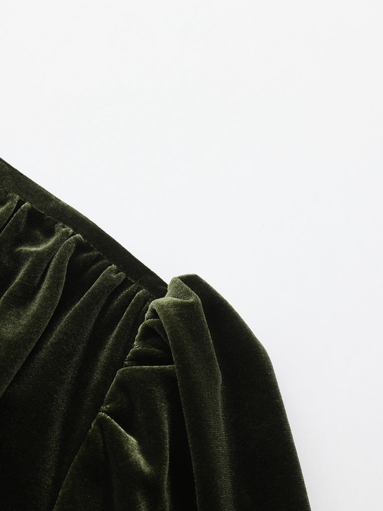 Green 1940s Velvet Deep-V Puff Sleeve Ruched Dress