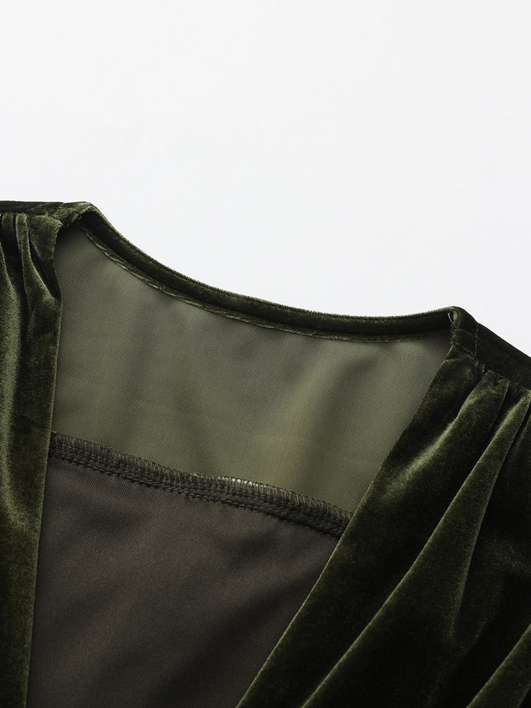 Green 1940s Velvet Deep-V Puff Sleeve Ruched Dress