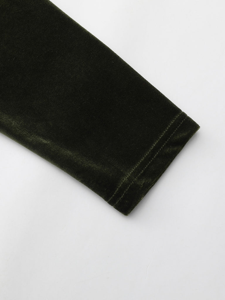 Green 1940s Velvet Deep-V Puff Sleeve Ruched Dress