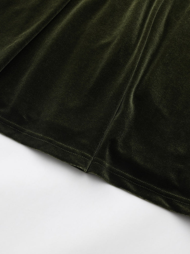 Green 1940s Velvet Deep-V Puff Sleeve Ruched Dress